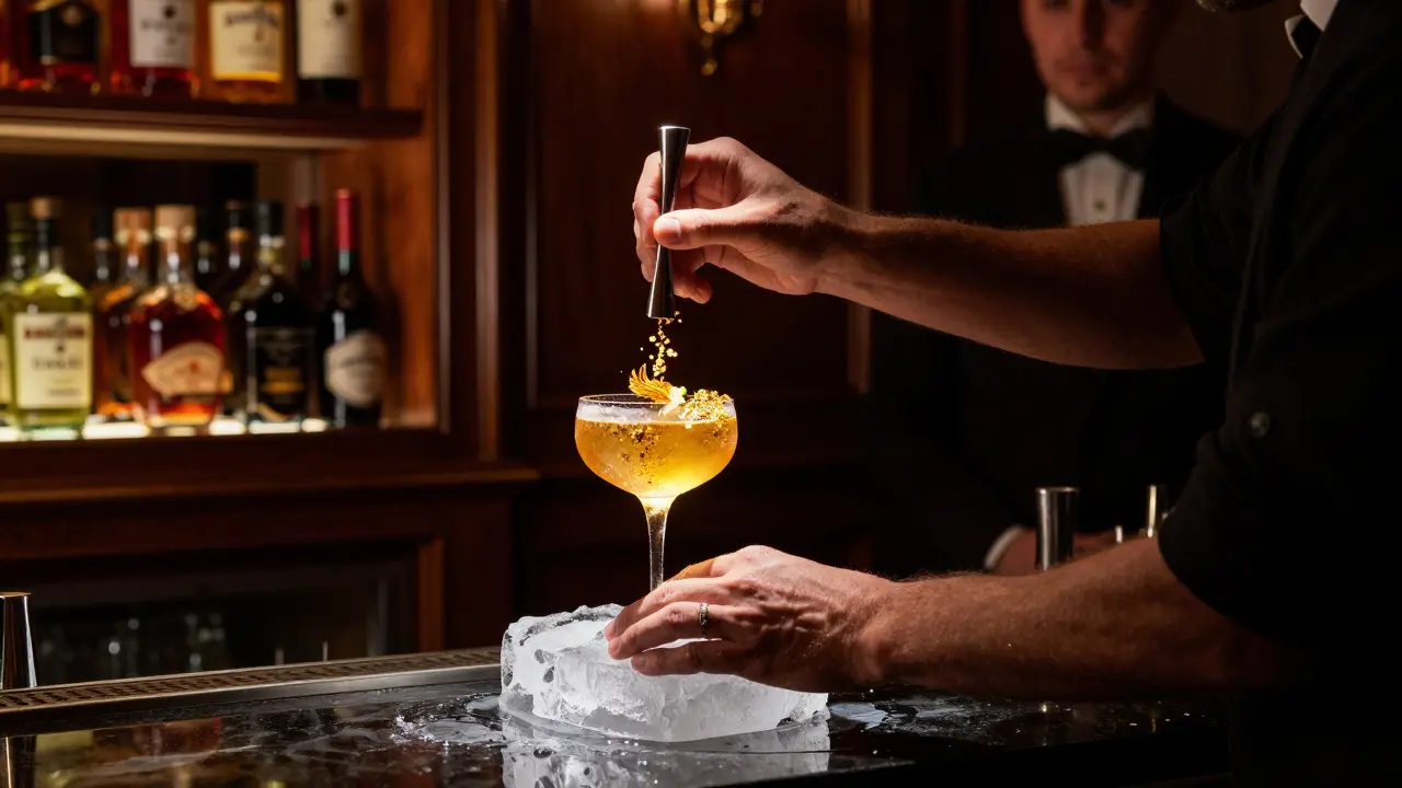 Elegant lounge with bartender crafting a golden cocktail infused with edible gold flakes under soft spotlight.