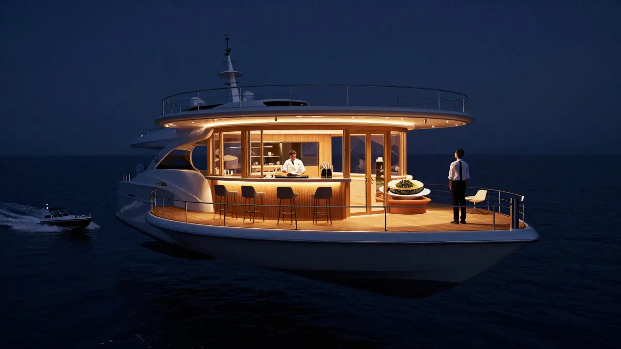 Floating VIP island at sea with private bar, chef, and DJ booth under night sky, surrounded by dark water.