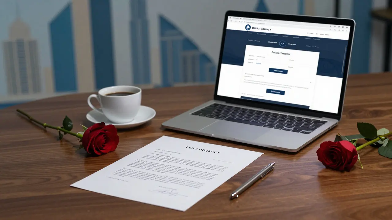 Handwritten contract and bank transfer on table with coffee and rose, symbolizing legal companionship.