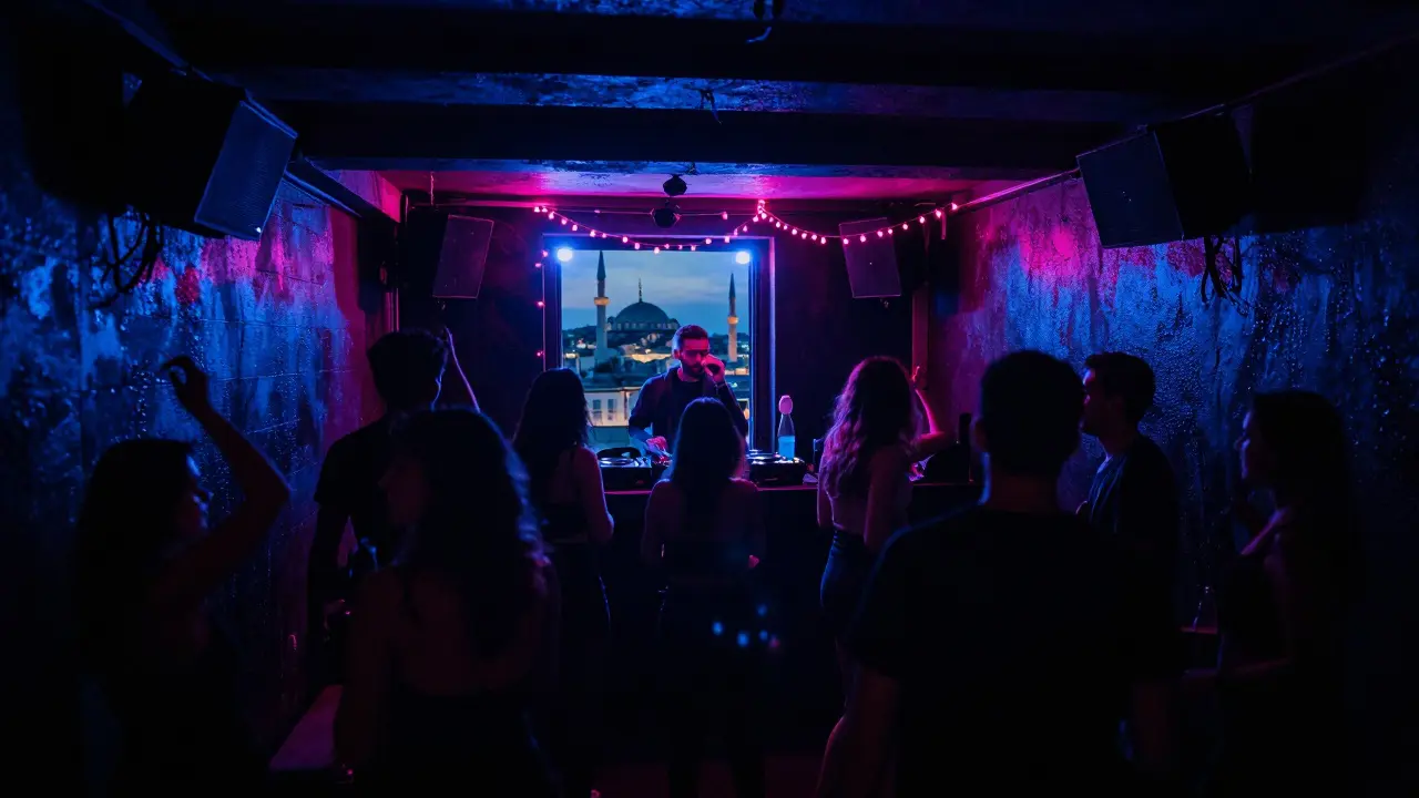 Hidden basement club with neon lights and dancers under fairy lights as dawn breaks over Istanbul’s minarets.