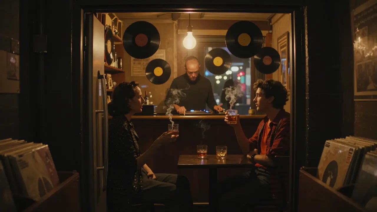 Hidden speakeasy behind a fridge door in a Camden record shop with floating vinyl records.