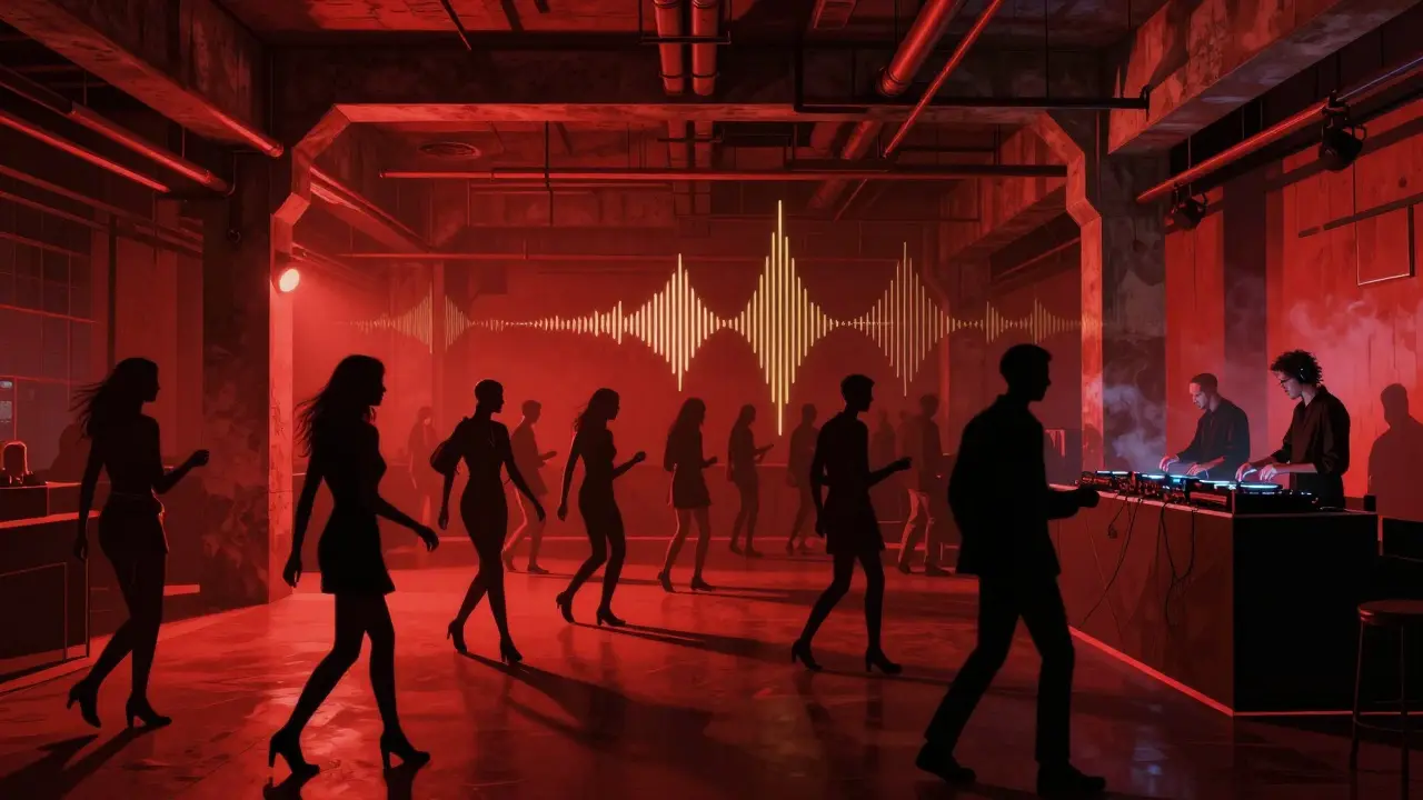 Industrial nightclub interior with red lighting and stylish crowd dancing to deep house music.