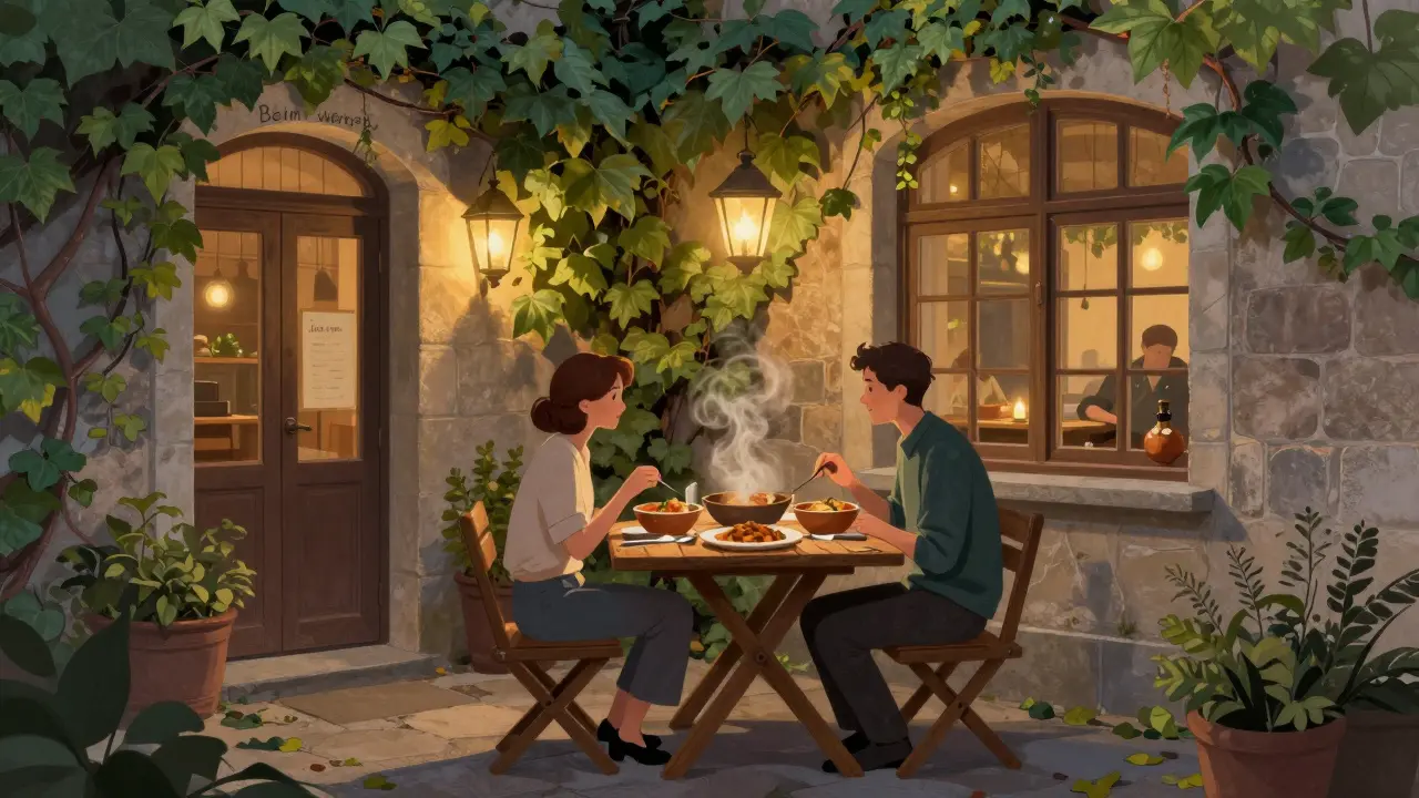 Intimate dinner at a hidden Berlin courtyard restaurant with warm lantern light and rustic dishes.