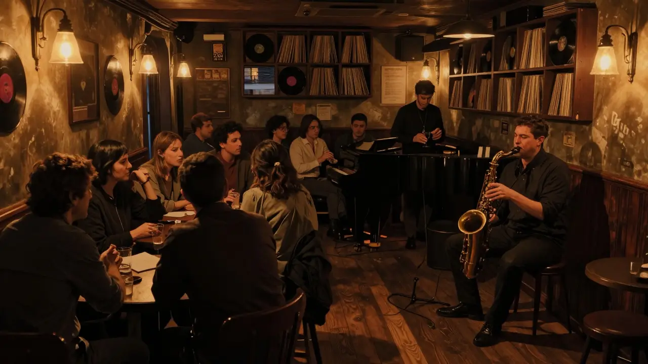 Intimate jazz bar with a small crowd listening to live piano and saxophone under warm, dim lighting.