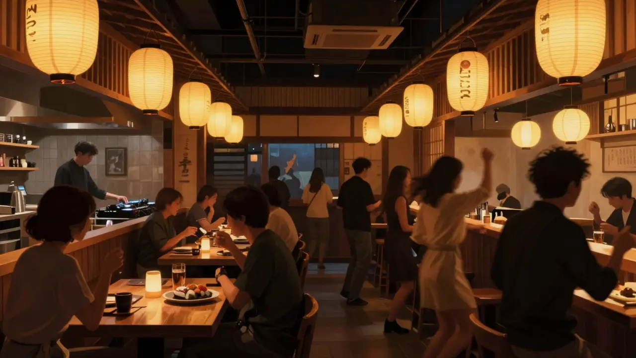 Japanese restaurant at midnight with lanterns, diners dancing, and a DJ playing music.