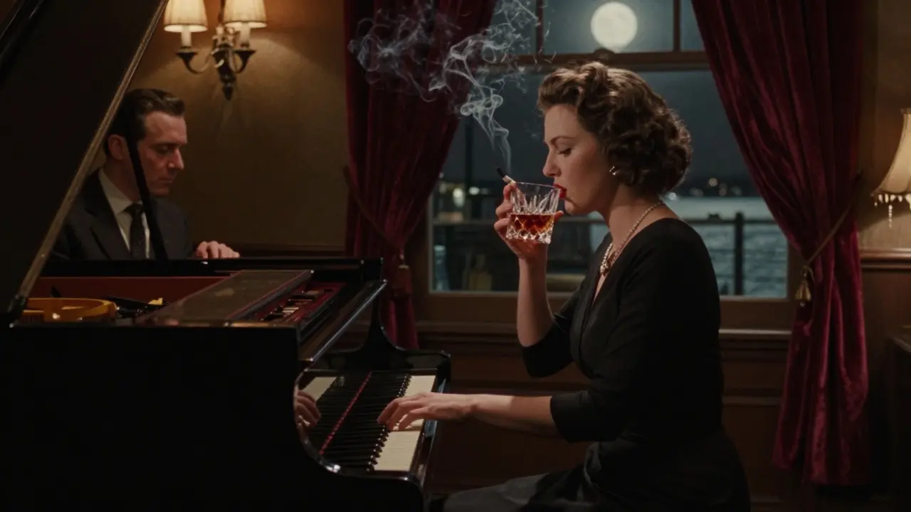 Jazz lounge at Jimmy’z with pianist and cognac sipper in dim, vintage lighting.