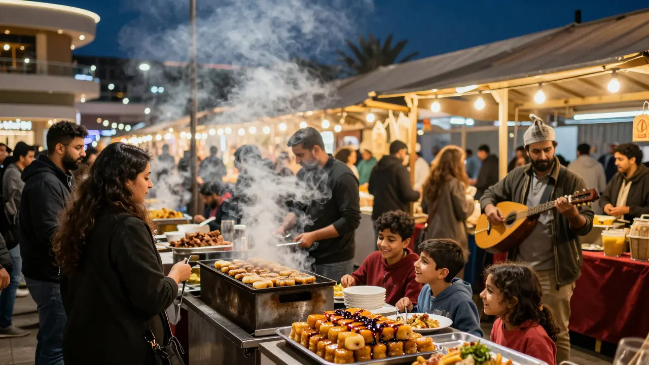 Night market with food stalls, live music, and people enjoying Emirati treats under string lights.