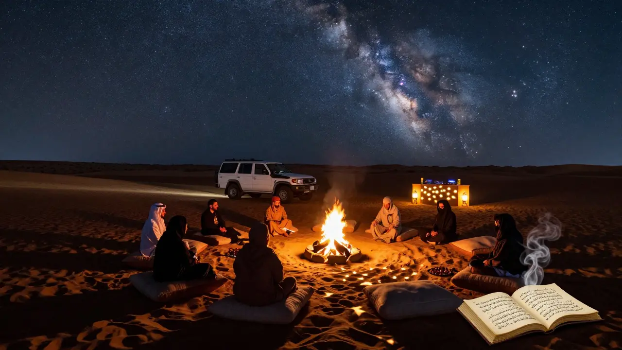 Nighttime desert gathering around a fire under the stars with no phones allowed.
