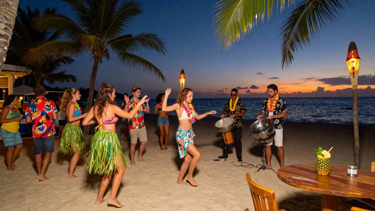 People dancing barefoot on a beach at night with tiki torches and tropical decorations.