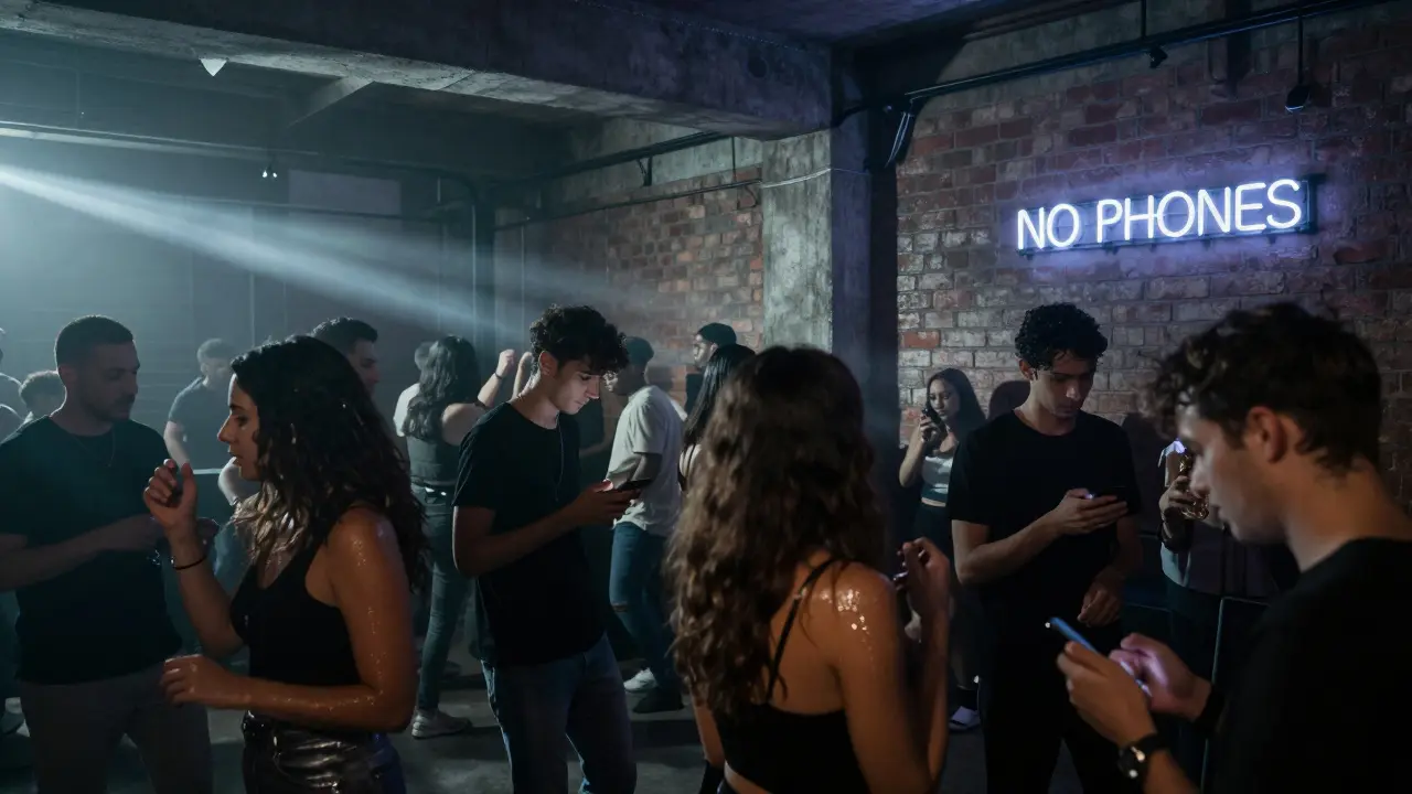 People dancing in a dim underground club with no phones allowed, industrial vibe.