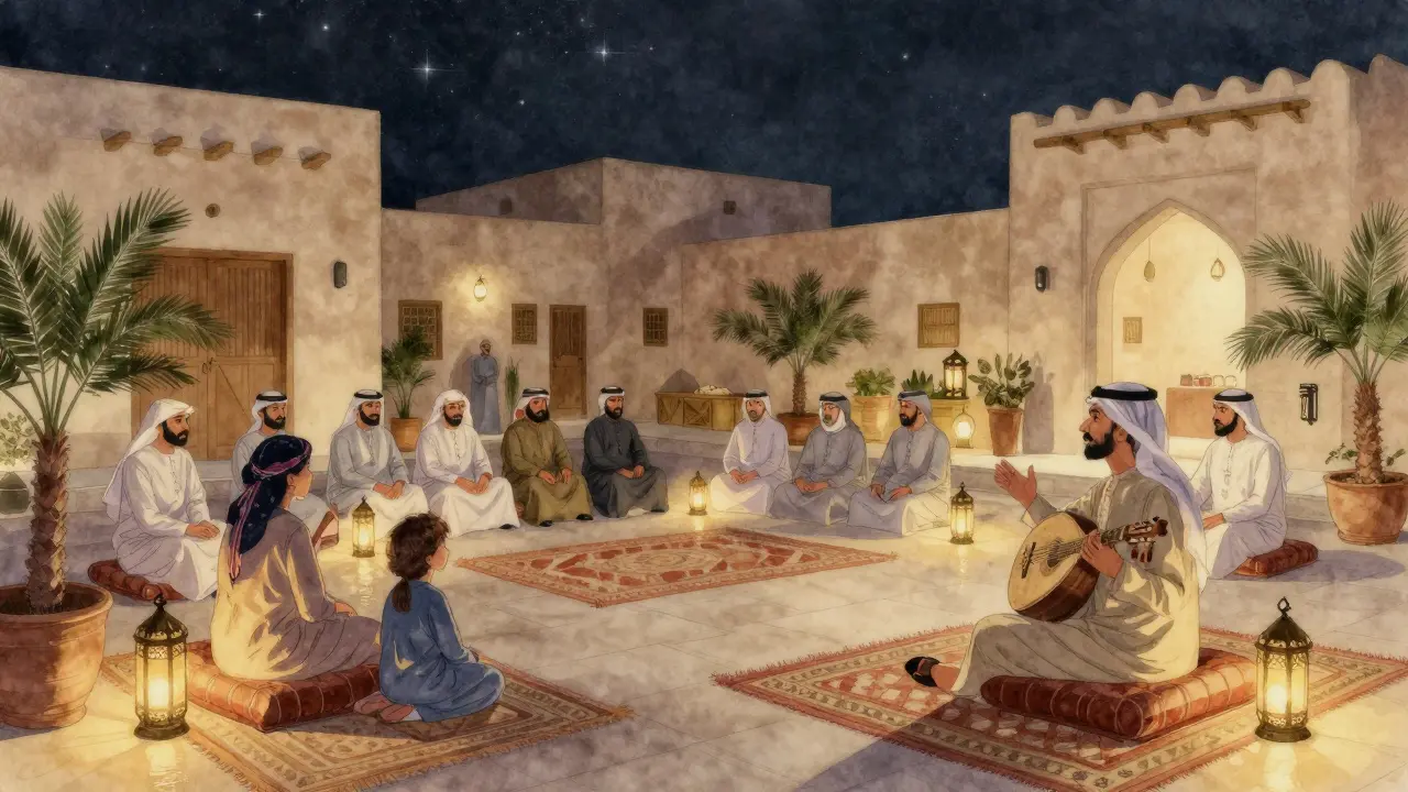 People listening to oud music and poetry in a starlit courtyard at night.