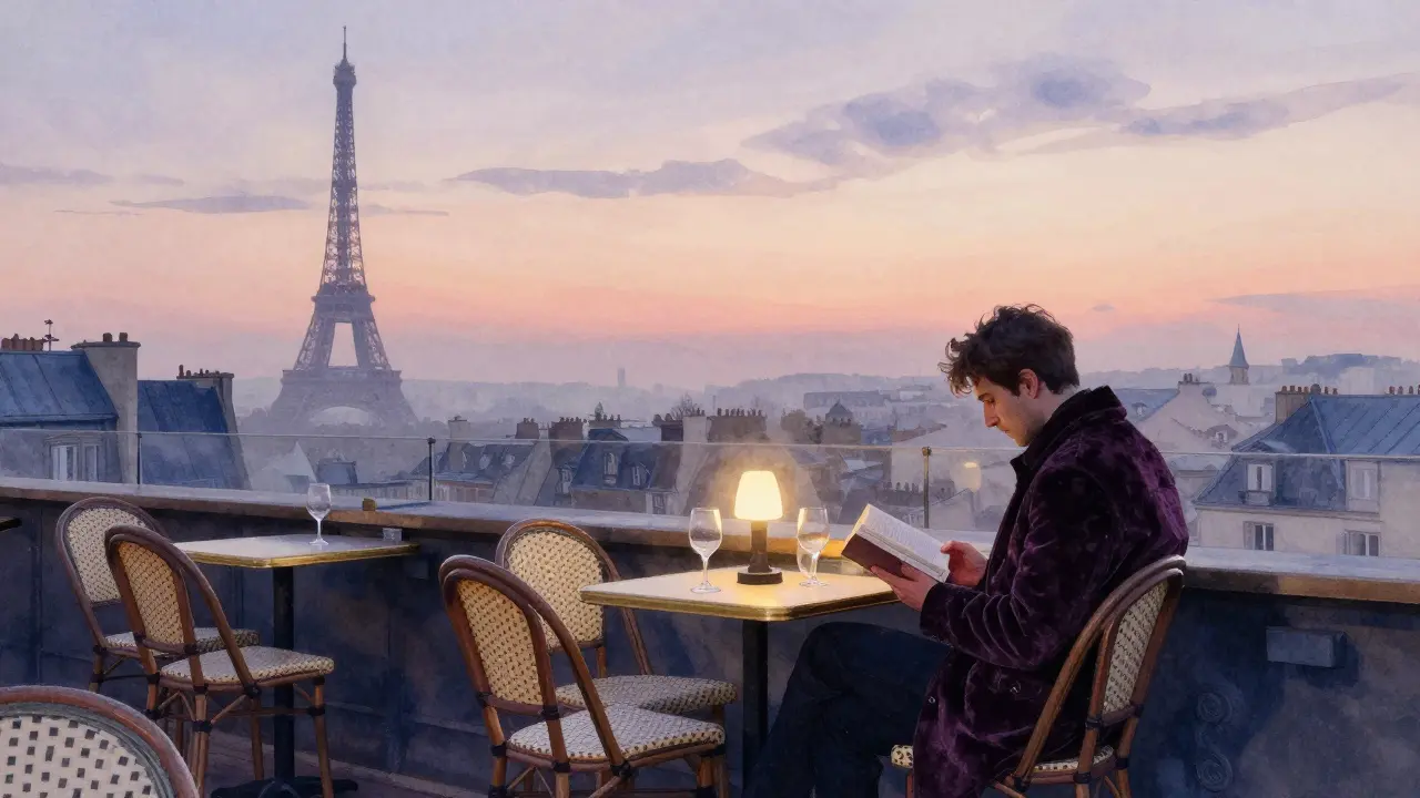 Quiet rooftop at dawn with vintage chairs, wine glasses, and faint Eiffel Tower in mist.