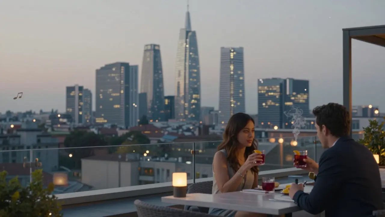 Rooftop bar with skyline view, couple sipping cocktails under lanterns in quiet elegance.