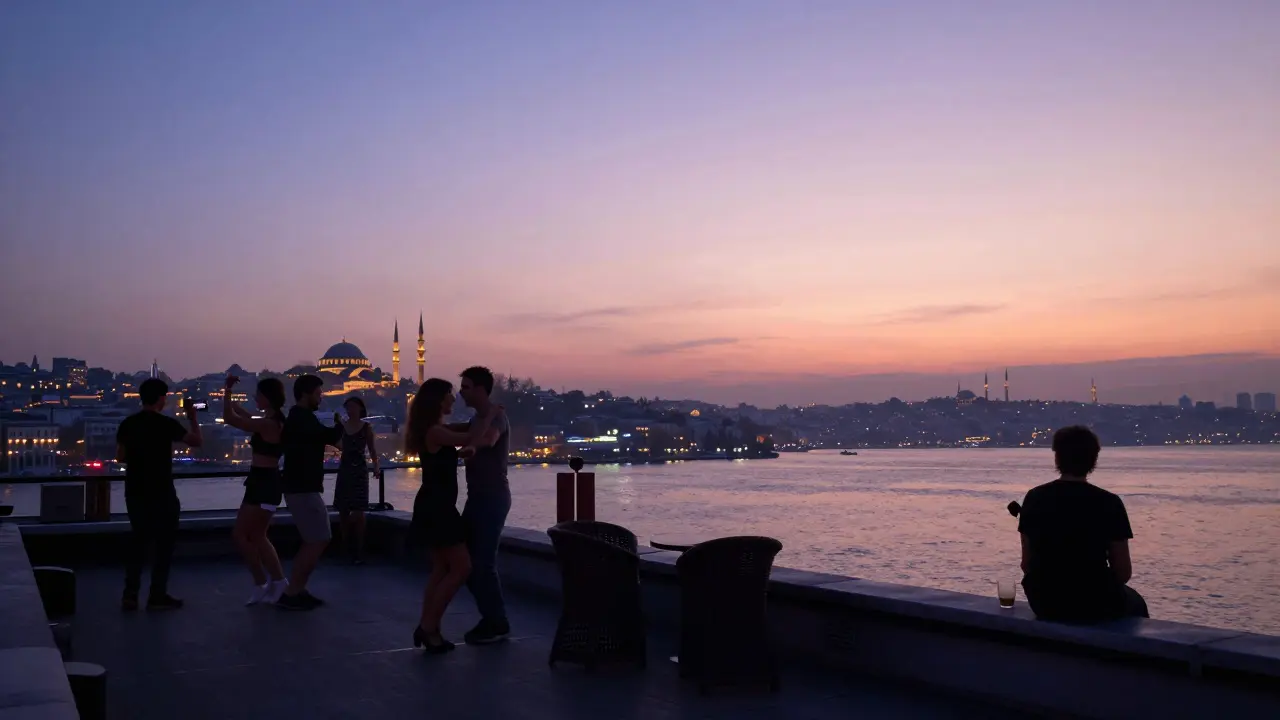 Rooftop club on Bosphorus at sunrise with dancers silhouetted against city lights and soft dawn sky.