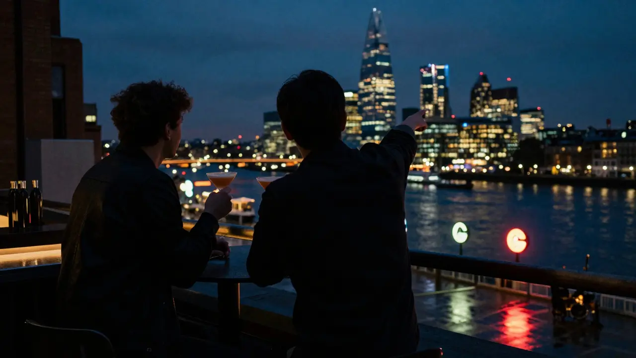 Silhouettes at a rooftop bar in Soho, London skyline glowing behind them under night lights.