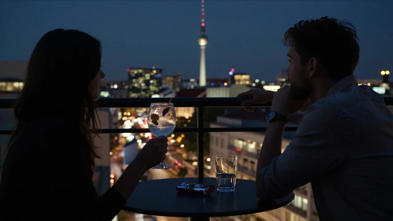 Silhouettes on a rooftop terrace at night, city lights glowing behind them, a chocolate bar on the table.
