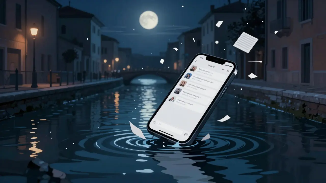 Smartphone sinking into canal, digital debris floating away, symbolizing erased digital traces.