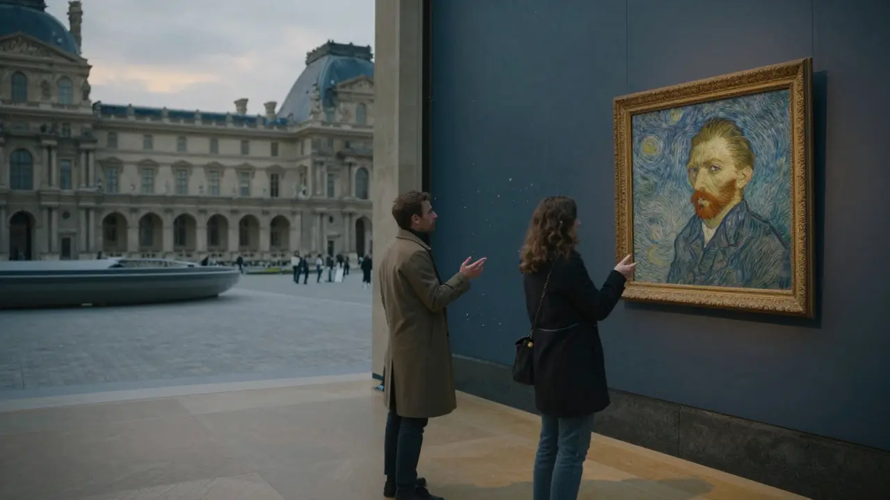 Someone standing before a Van Gogh painting in the empty Louvre, guided by a companion.