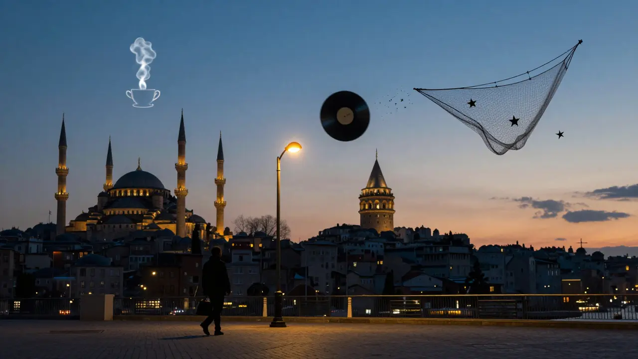 Surreal dawn scene with floating cultural symbols above Istanbul, silhouettes walking as night transitions to morning.