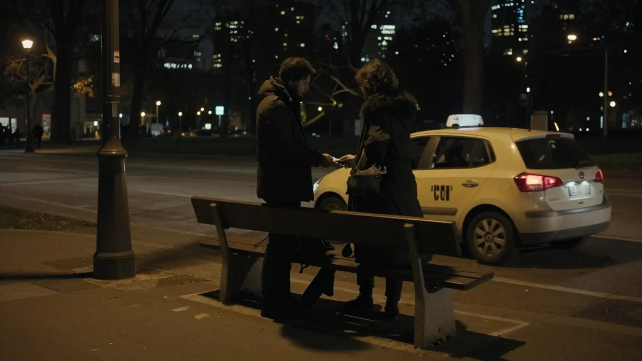 Taxi at night near a park entrance, two figures exchanging cash, faces hidden, shadows prominent.