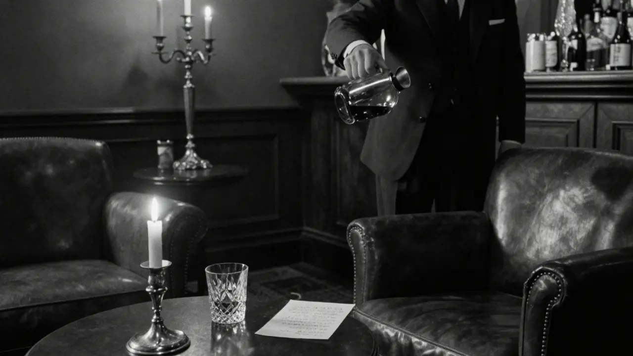 The Prince’s Private Lounge at night: candlelit armchairs, a bartender pouring cognac, and a handwritten note on a silent table.