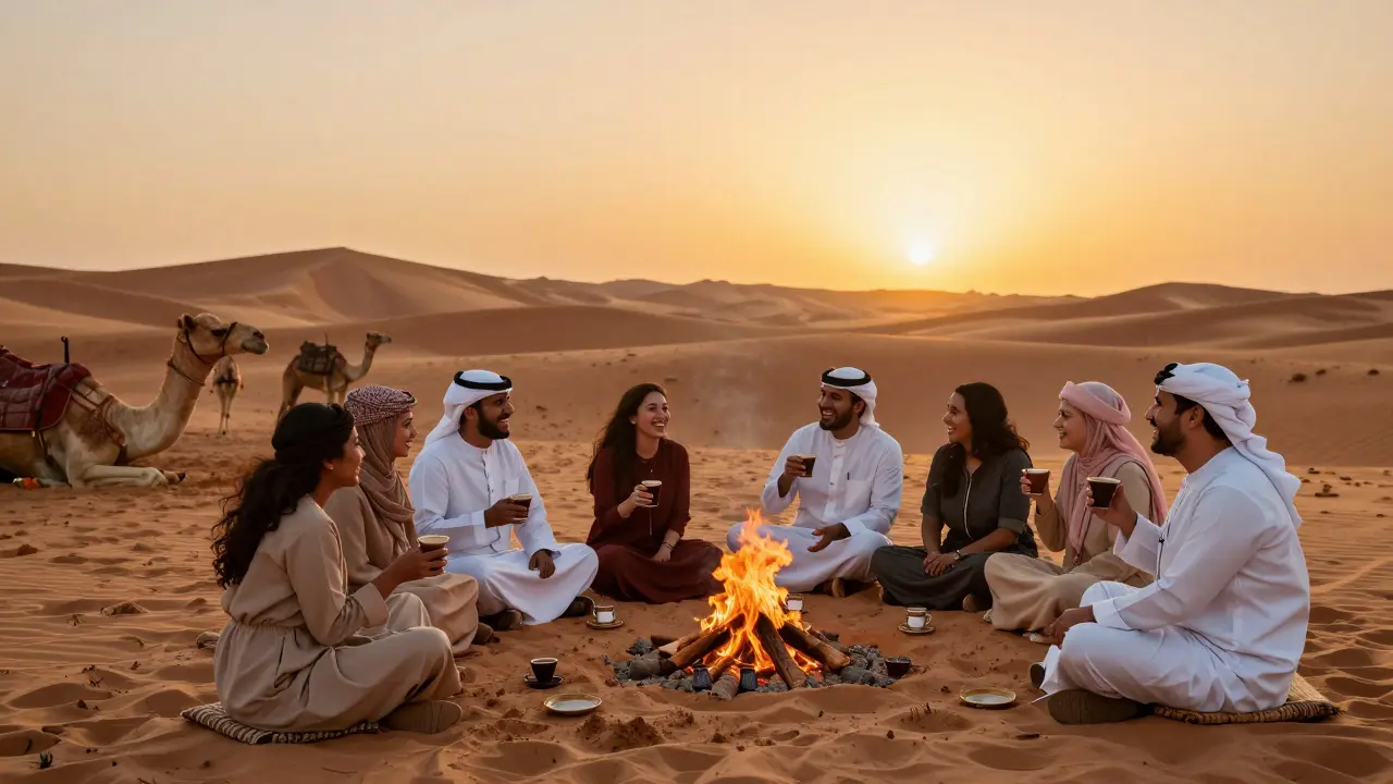 Travelers enjoy a sunset desert safari in Dubai, laughing around a campfire under golden light.