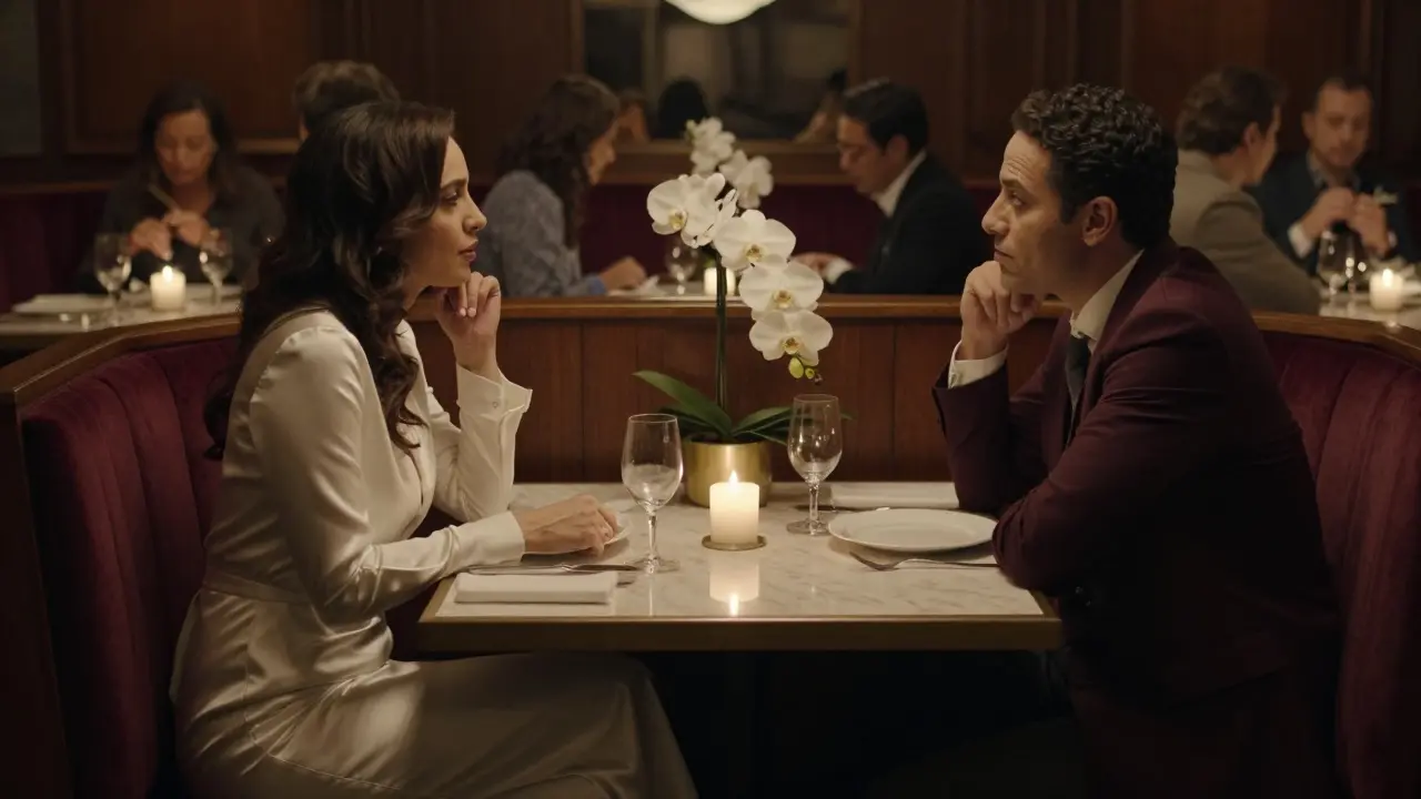 Two people having dinner in a private booth at an upscale Dubai restaurant.