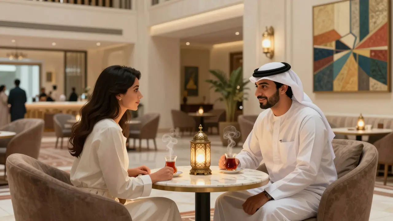 Two people sit quietly in a luxury hotel lounge, sharing tea and engaged in thoughtful conversation.