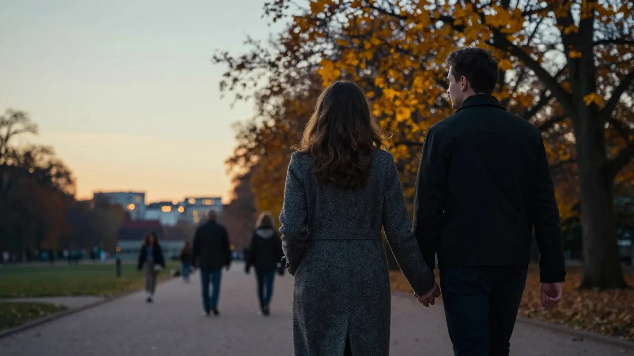 Two people walk peacefully through Tiergarten at sunset, hand in hand.
