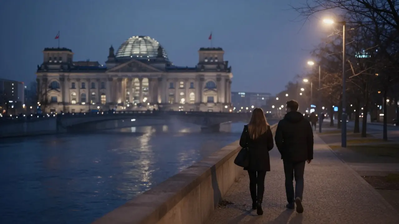 Two people walking peacefully along the Spree River in Berlin at night.