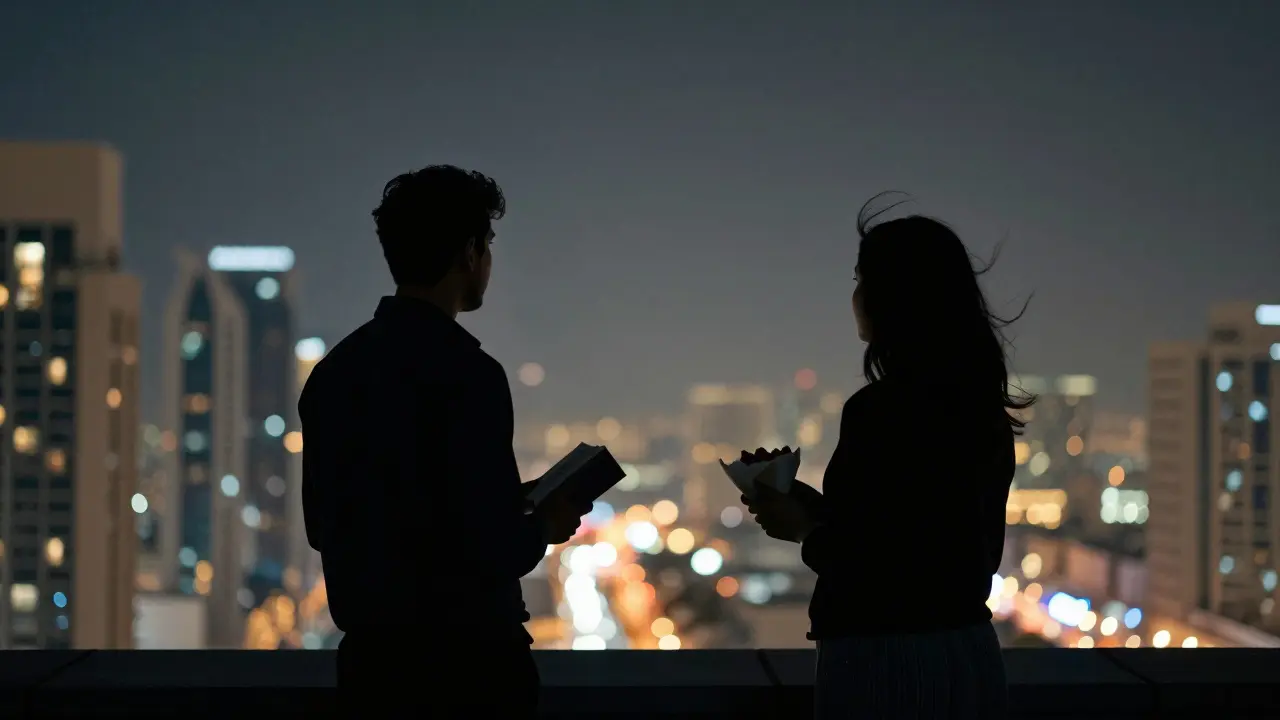 Two silhouettes on a Dubai rooftop at night, sharing a quiet moment before parting.