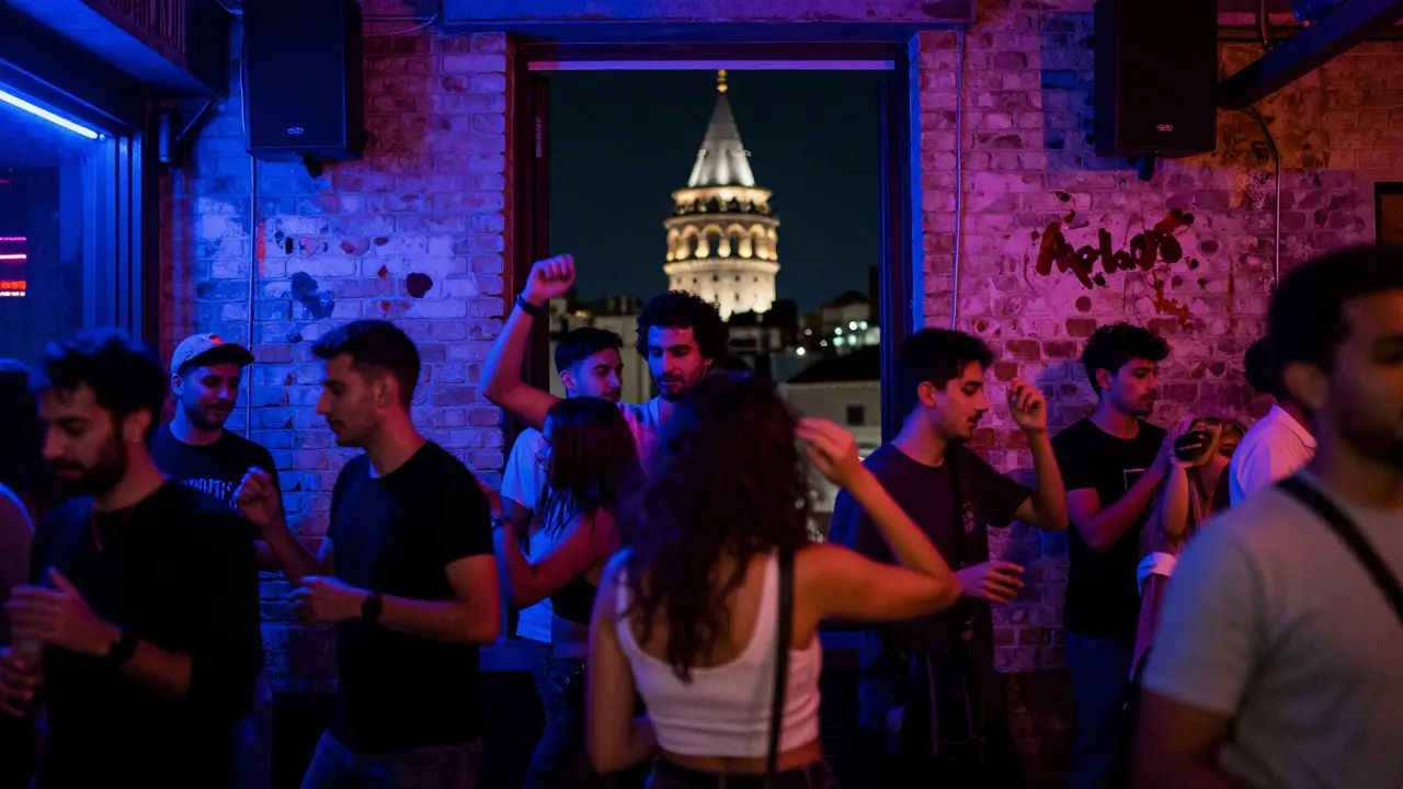 Underground club on Istiklal Avenue with vibrant crowd dancing to Turkish house music and Galata Tower in background.