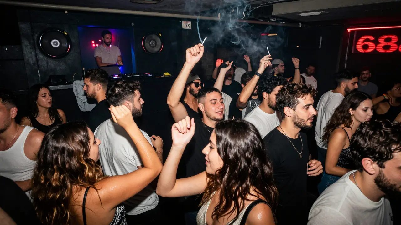 Underground club with vibrant crowd dancing under strobe lights in Istanbul.