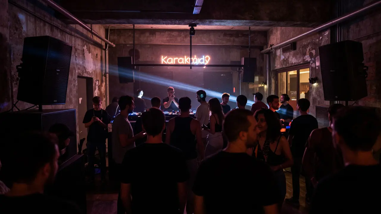 Underground techno club with a crowd dancing under strobe lights in a concrete warehouse, no signs or branding visible.