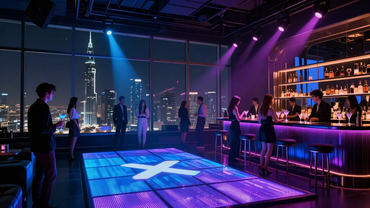 Upscale nightclub XS Abu Dhabi with LED dance floor and city skyline view through floor-to-ceiling windows.