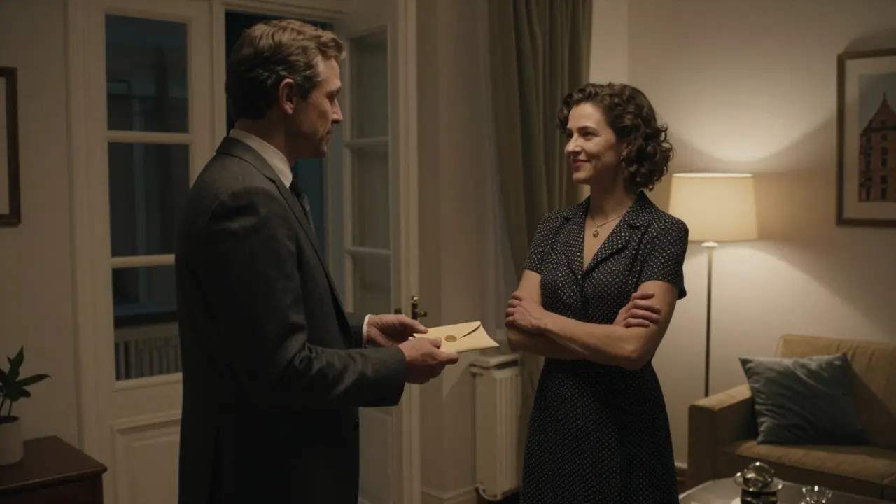 A client handing cash to an escort in a Berlin apartment, both standing respectfully apart.