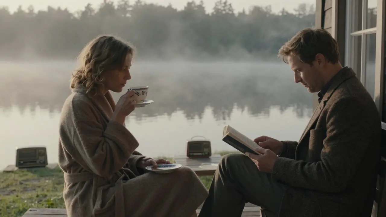A companion and client enjoying a peaceful morning at a lakeside cabin in Brandenburg.