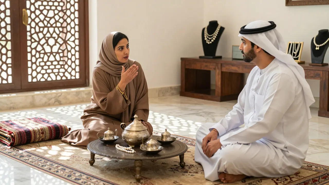 A companion explaining Emirati culture to a client in a traditional majlis with ornate decor and sunlight filtering through lattice screens.