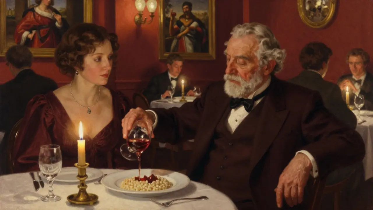 A companion sits silently beside an elderly man in a candlelit restaurant, sharing a quiet moment of emotional connection.