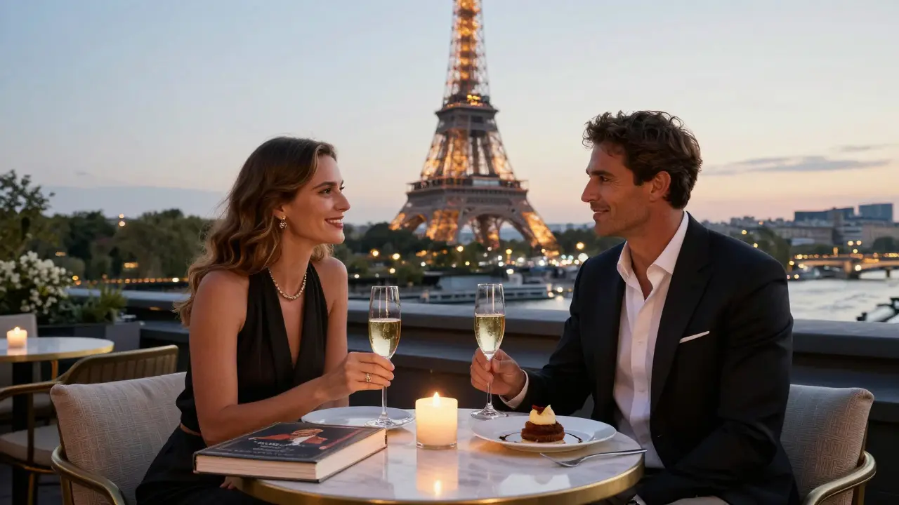 A couple enjoying champagne on a rooftop terrace at sunset, with the Eiffel Tower glowing in the background.