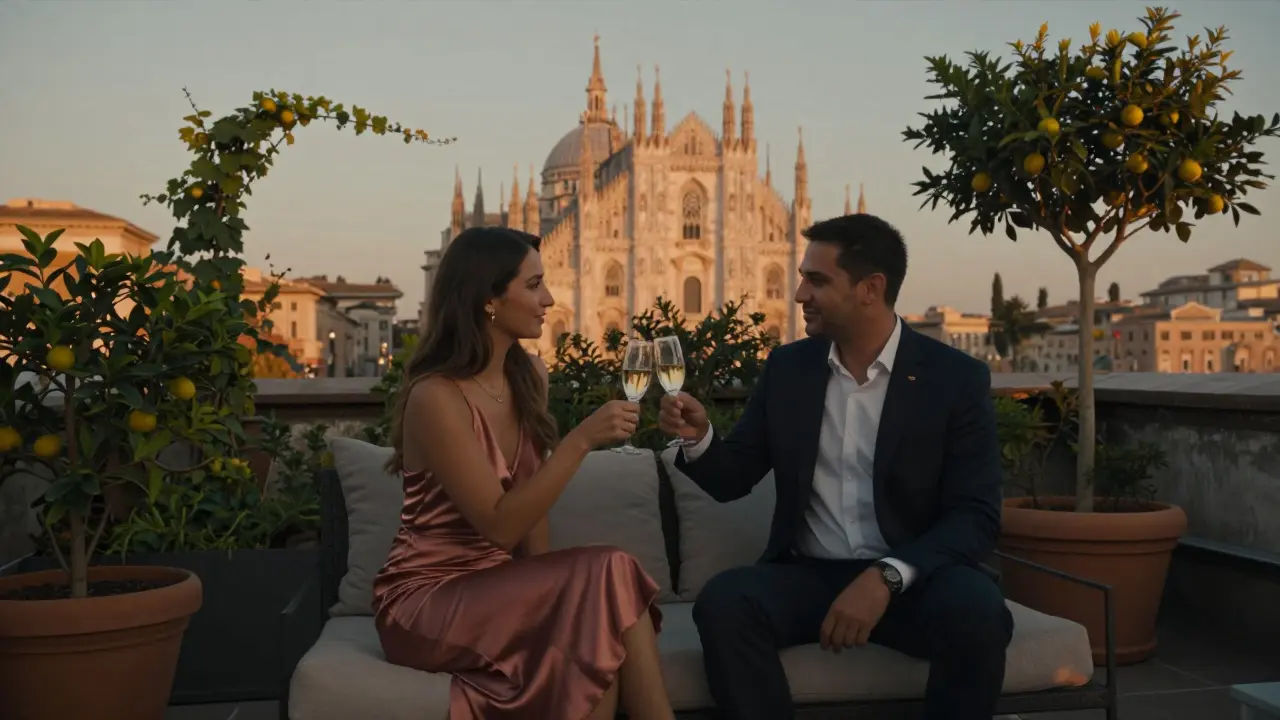 A couple enjoys Prosecco on a rooftop garden as Milan's Duomo glows behind them at sunset, surrounded by greenery and soft golden light.