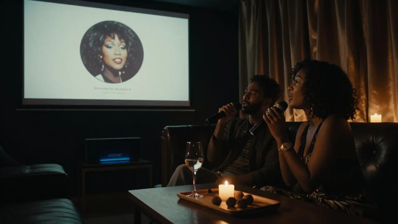 A couple singing softly in a dim, intimate karaoke lounge with wine and candlelight in Dubai.