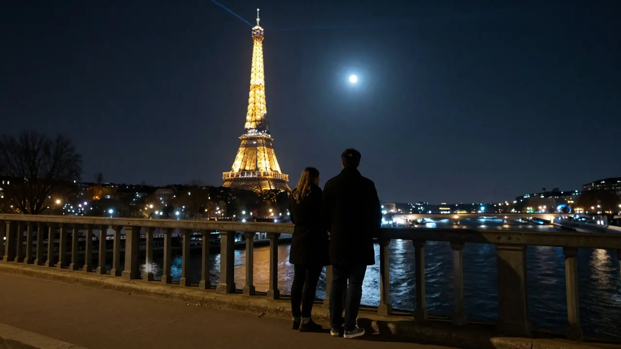 A couple watches the Eiffel Tower sparkle at midnight from a quiet bridge, city lights glowing behind them.