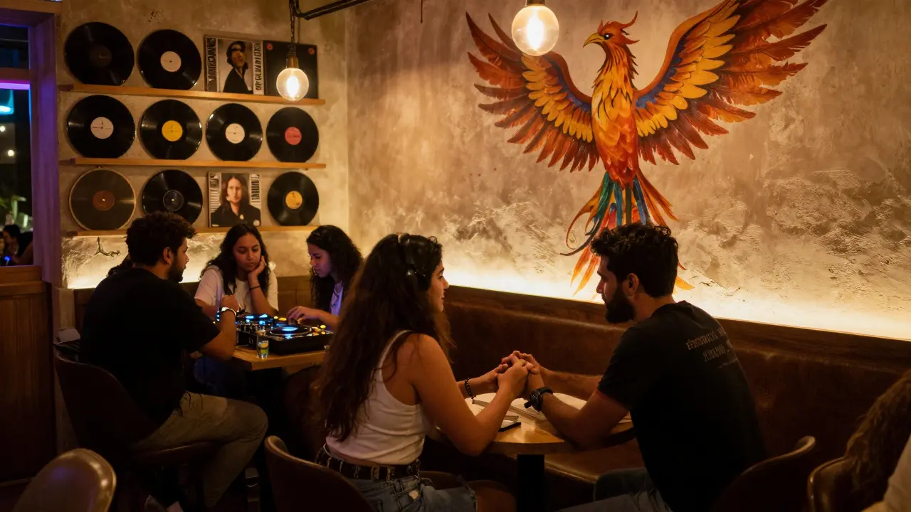 A cozy lounge with a DJ playing music, a couple holding hands, and a phoenix mural on the wall.