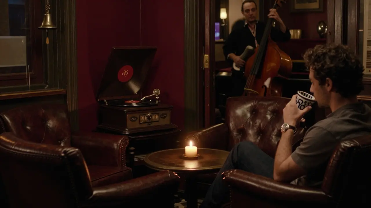 A dimly lit jazz den with a vintage Victrola playing, patrons sipping cocktails in leather chairs.