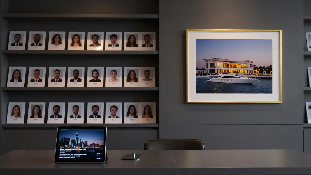 A discreet agency office in Abu Dhabi displays anonymized companion profiles, emphasizing intellect and culture over appearance, minimalist and private.