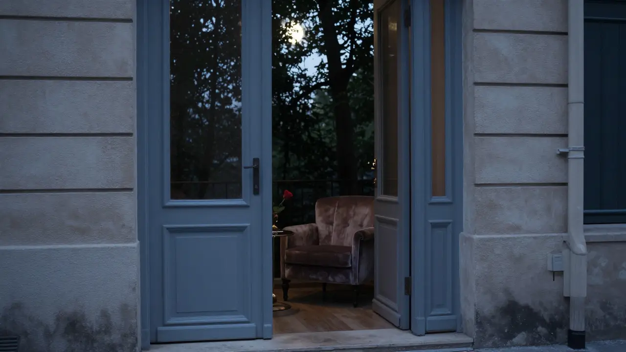 A discreet, unmarked door in a quiet Paris alley, symbolizing privacy and exclusivity in companionship.