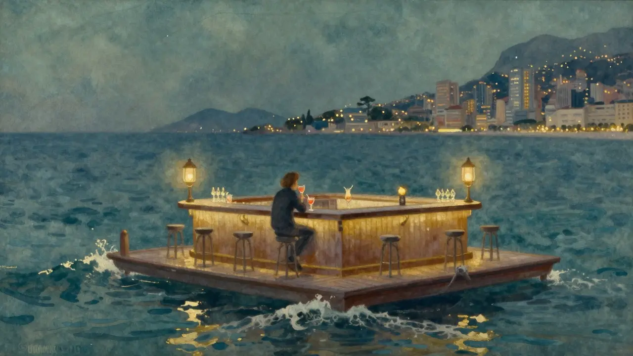 A floating bar on the Mediterranean at midnight, lit by lanterns with calm waves and a quiet silhouette.