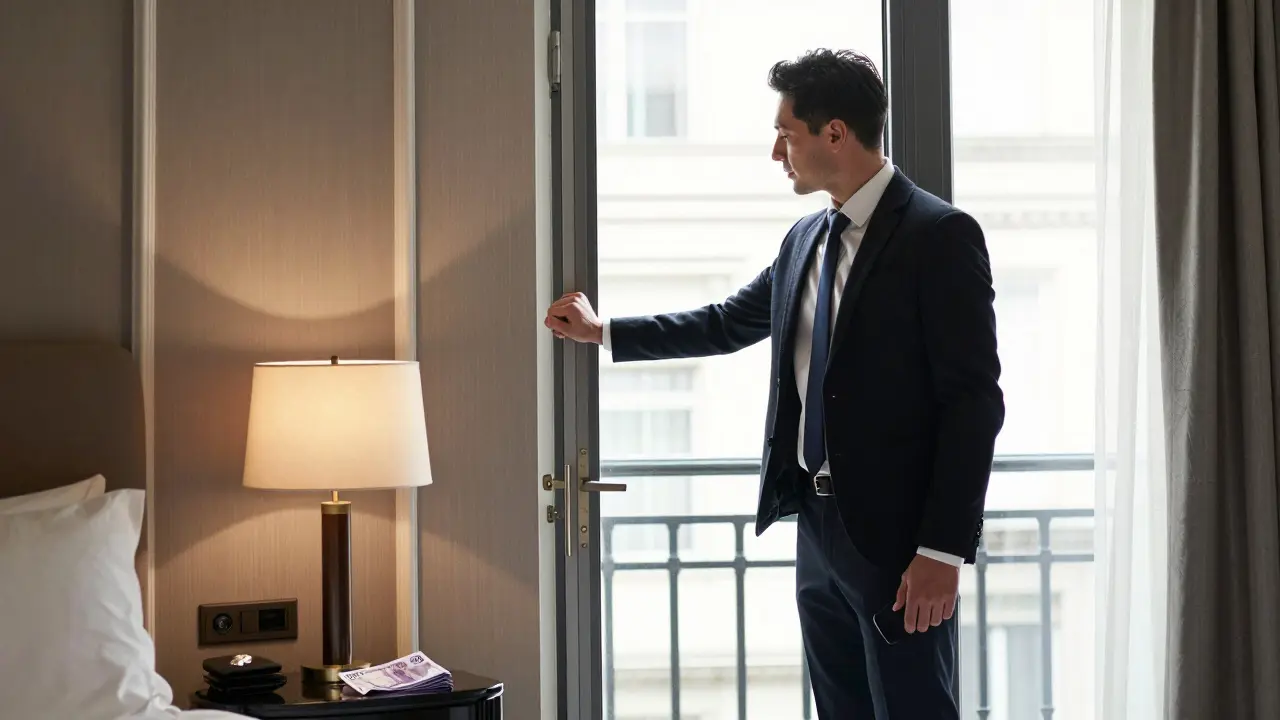 A gentleman quietly leaving a hotel room, leaving a tip on the nightstand with dignity and no fanfare.