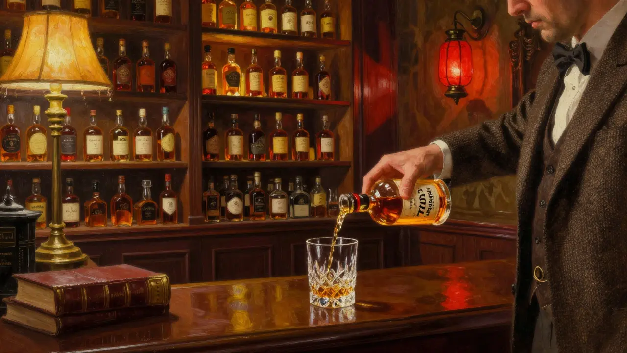 A hidden whisky lounge with aged bottles and soft lighting, where a man pours a rare single malt in silence.